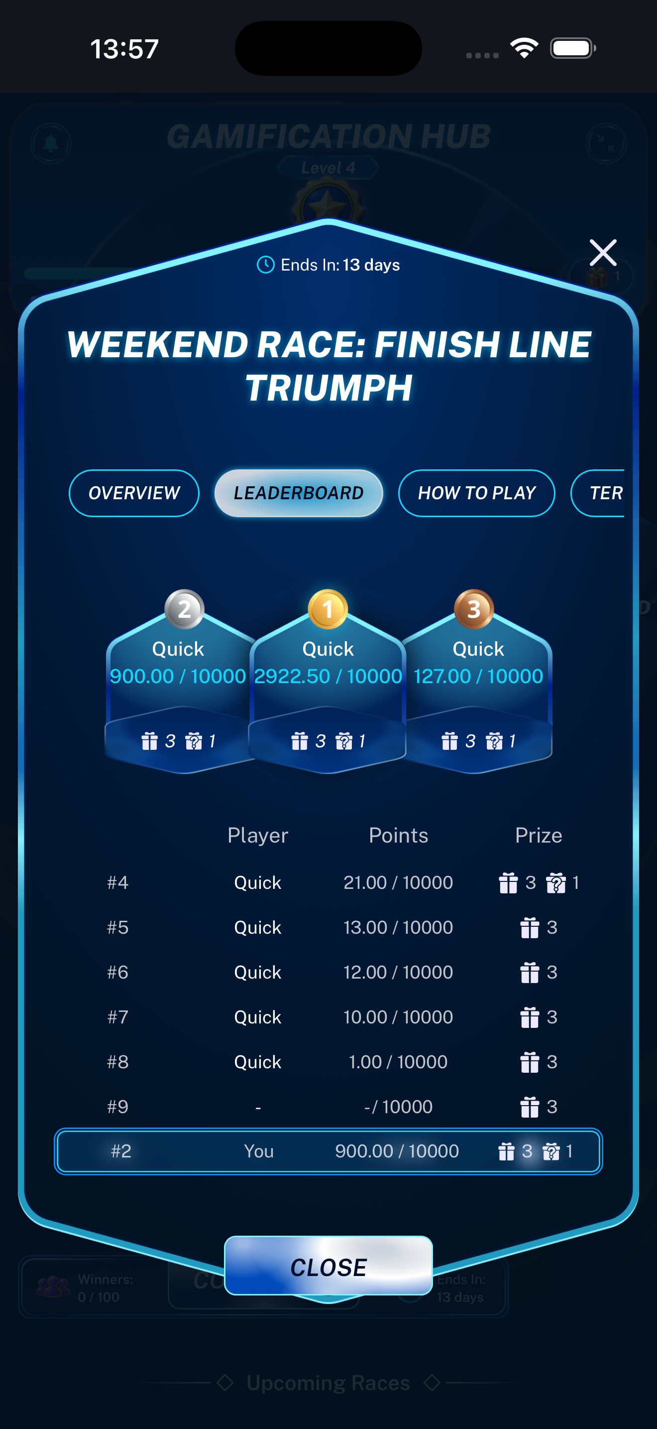 Race Leaderboard tab displayed on a mobile phone